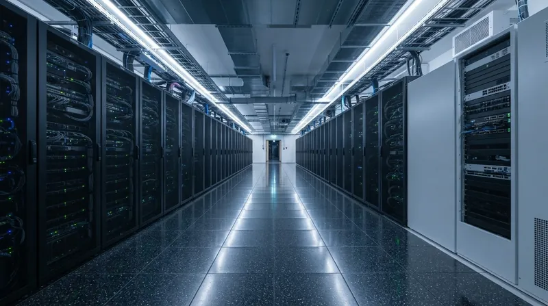 Rows of illuminated server racks in a modern data center representing social media infrastructure.