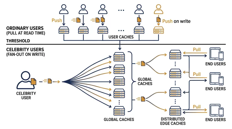 The hybrid model routes ordinary users through a push pipeline while reserving the pull pipeline for high-follower accounts.