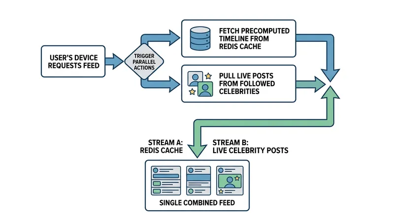 When a user opens the app, the feed service stitches together precomputed timelines with live celebrity posts in milliseconds.