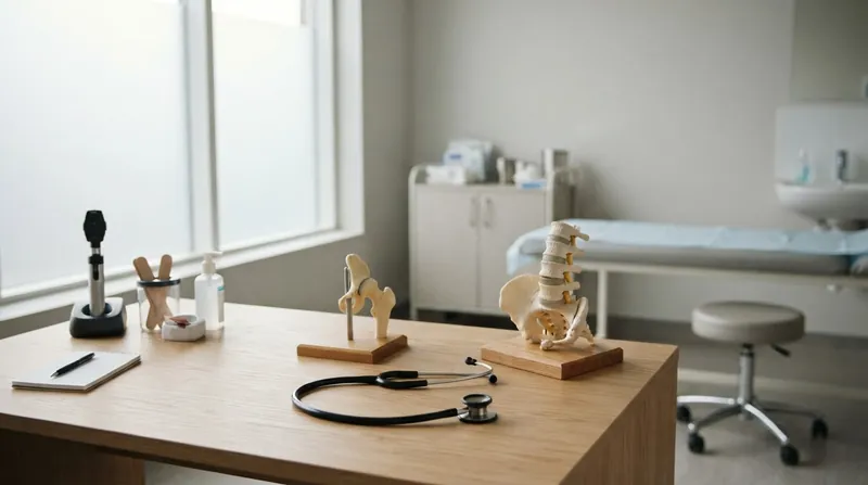 A female doctor and a middle-aged female patient review medical data on a tablet in a clinic.