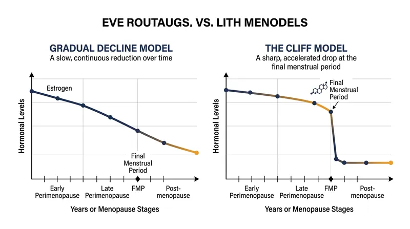 The traditional model of gradual hormonal decline compared against the abrupt physiological shift documented in the Clalit Health Services dataset.