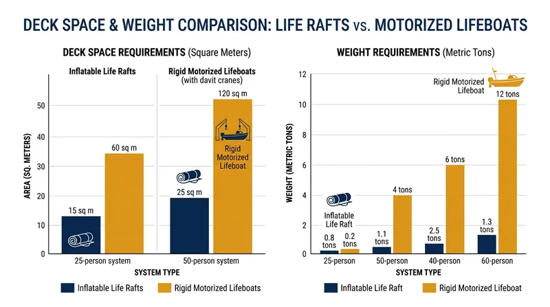 Passenger ships require rigid lifeboats and davit cranes, consuming significantly more deck space than standard yacht life rafts.