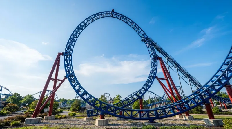A modern steel roller coaster train navigating the apex of a teardrop-shaped clothoid loop against a blue sky.