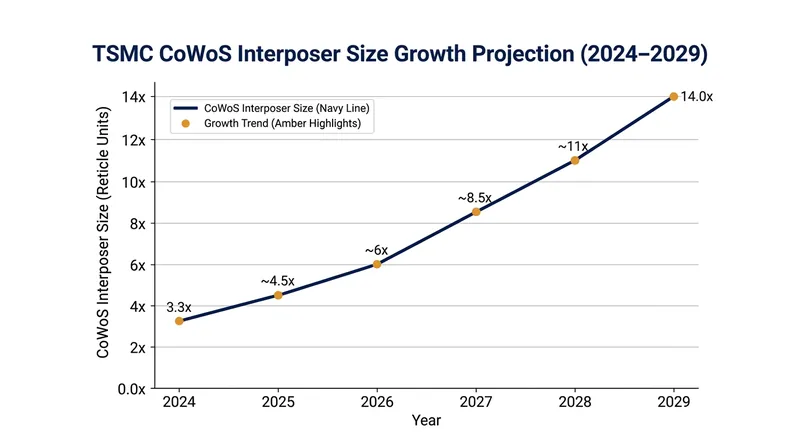 TSMC's packaging roadmap plans to scale interposer sizes to 14 times the reticle limit by 2029.