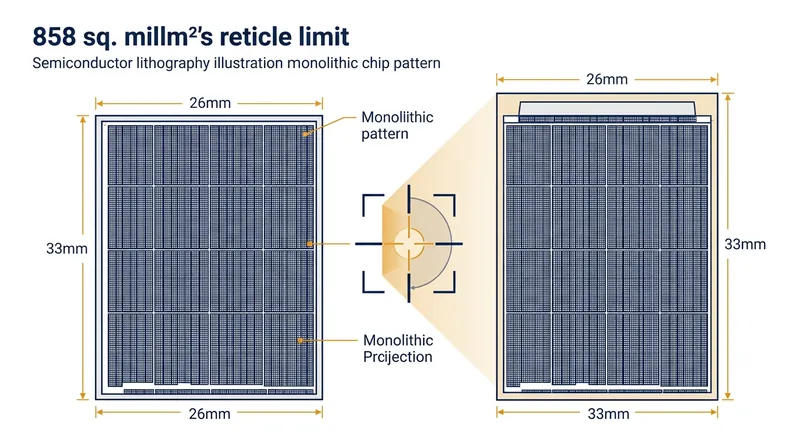 The 858-square-millimeter reticle limit represents the maximum area a lithography machine can expose in a single step.