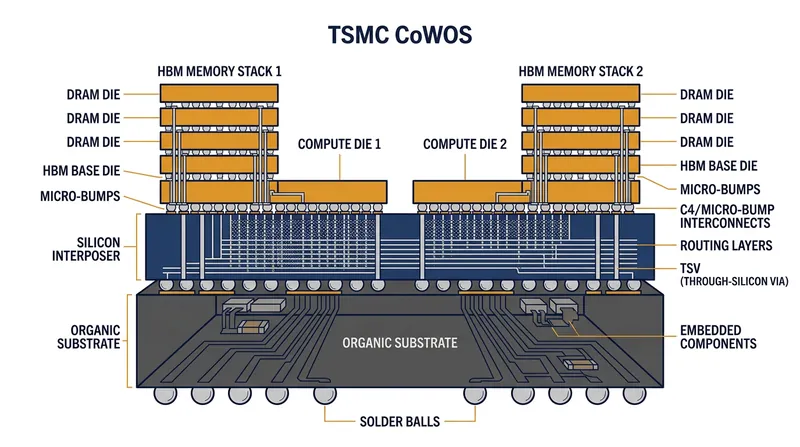 TSMC's CoWoS technology uses a silicon interposer to bridge multiple compute dies and memory stacks into a single unified processor.