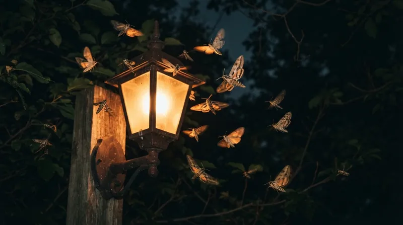A moth flying near a glowing street lamp at night, banking sharply with its back tilted toward the light.