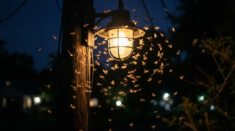 Illustration: Shielding fixtures to direct light strictly downward prevents insects from perceiving the bulb as the sky.