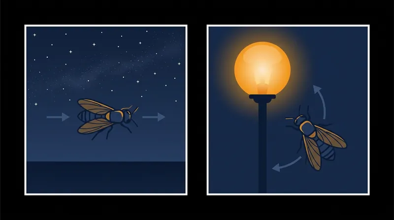 Insects use the brightest visual area to determine which way is up. A point-source light scrambles this geometric assumption.