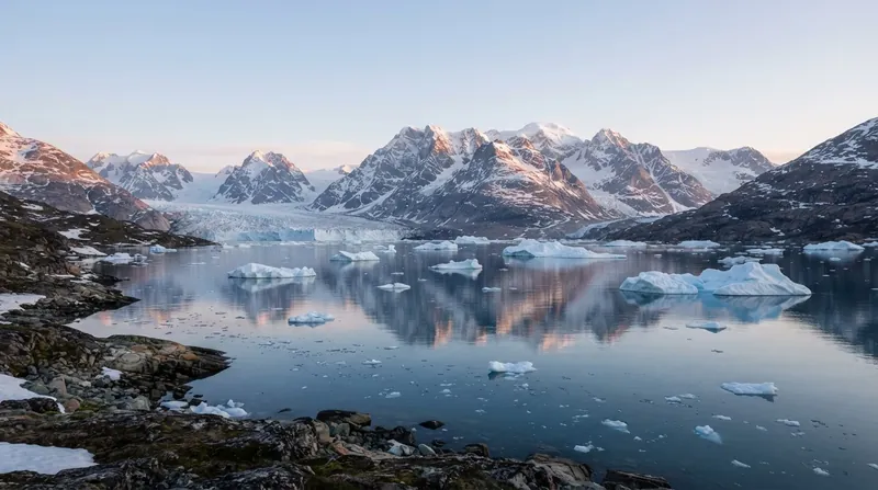 Colorful wooden houses in a coastal Greenland settlement with large icebergs floating in the dark ocean.