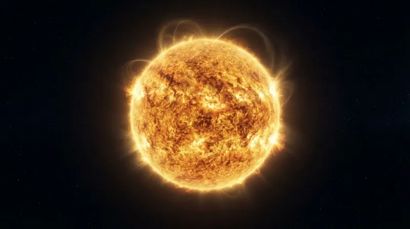 Illustration of a glowing stellar core with bright points of light representing proton collisions in dense plasma.