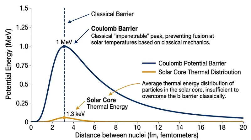 The average thermal energy of a solar proton falls massively short of the classical energy required to breach the Coulomb barrier.