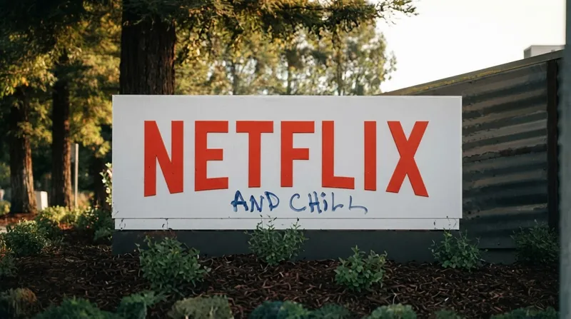 Exterior view of the modern glass and steel Netflix corporate headquarters building featuring the red company logo.