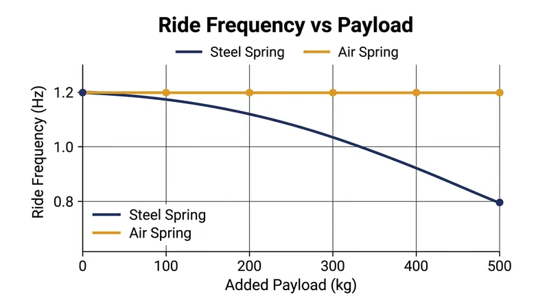 A steel spring loses its tuned ride frequency as payload increases, while an air spring maintains a perfectly flat response.
