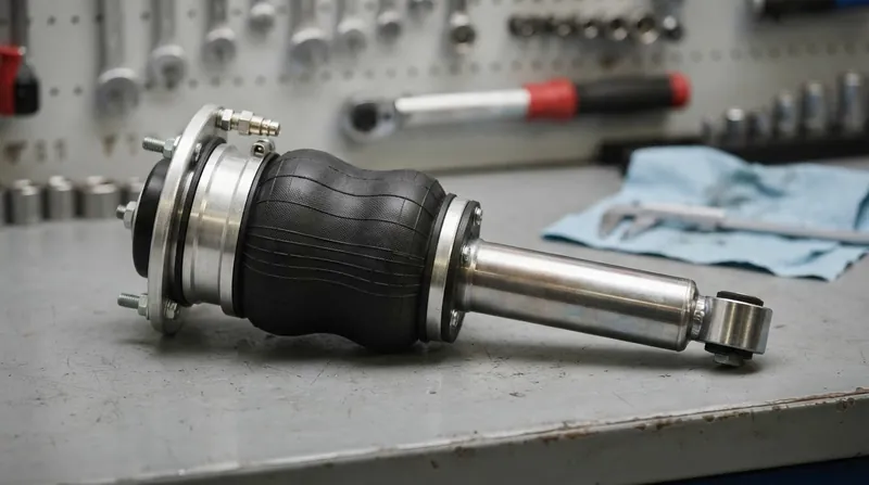 A detailed cutaway view of a modern luxury SUV air suspension strut showing the internal rubber bladder and hydraulic damper.