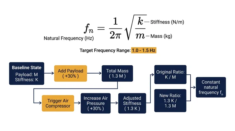 Because pneumatic stiffness scales directly with inflation pressure, the ratio of spring rate to sprung mass remains constant.
