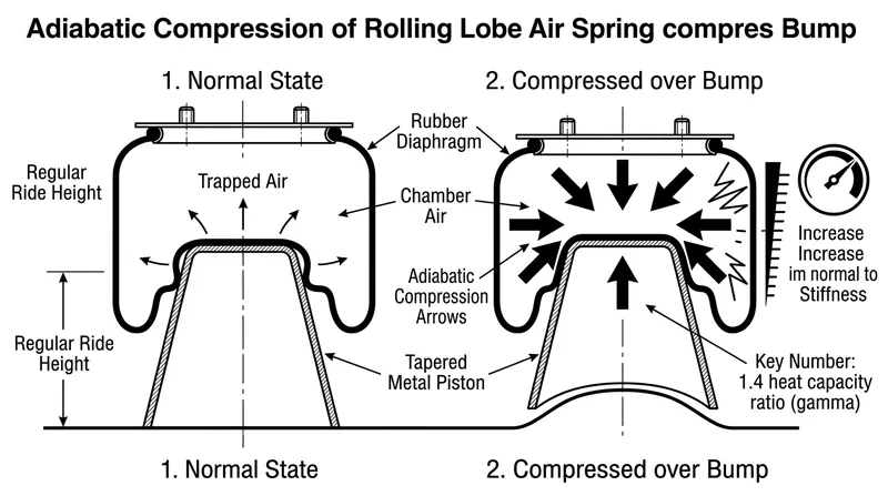 Rapid adiabatic compression causes the air spring's stiffness to spike momentarily over sharp impacts, acting as a natural bump stop.