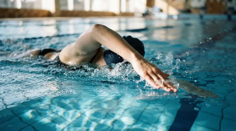 Underwater view of a swimmer's hand entering the water with a flat, fingertips-first orientation.