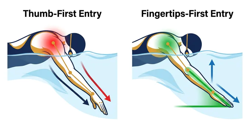 A flat entry sacrifices a splash-free surface break in exchange for anatomical joint safety and a stronger propulsive catch.