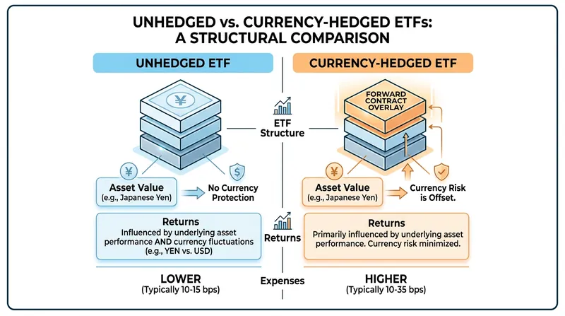 Currency-hedged ETFs use one-month forward contracts to isolate asset performance, introducing additional structural costs.