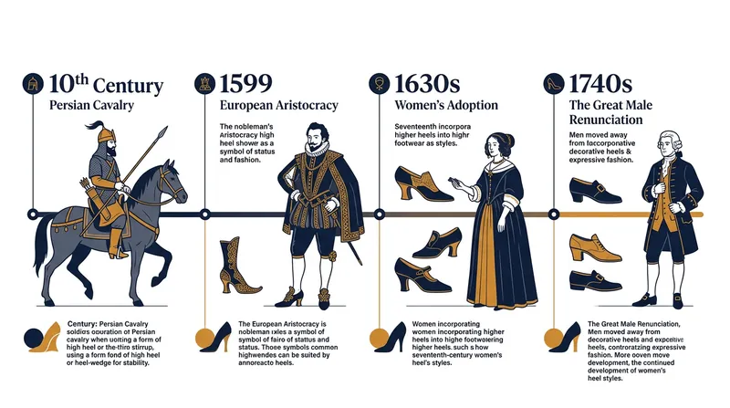 The timeline of the high heel's transition from military gear to feminine fashion.