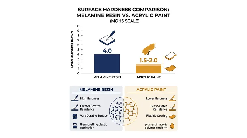 Because cured melamine resin is significantly harder than acrylic paint binders, the foam permanently scratches the finish.