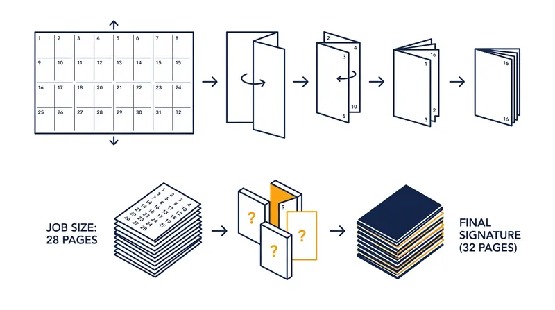 Offset printing requires the final page count to be divisible by 32, forcing publishers to pad the front or back matter.