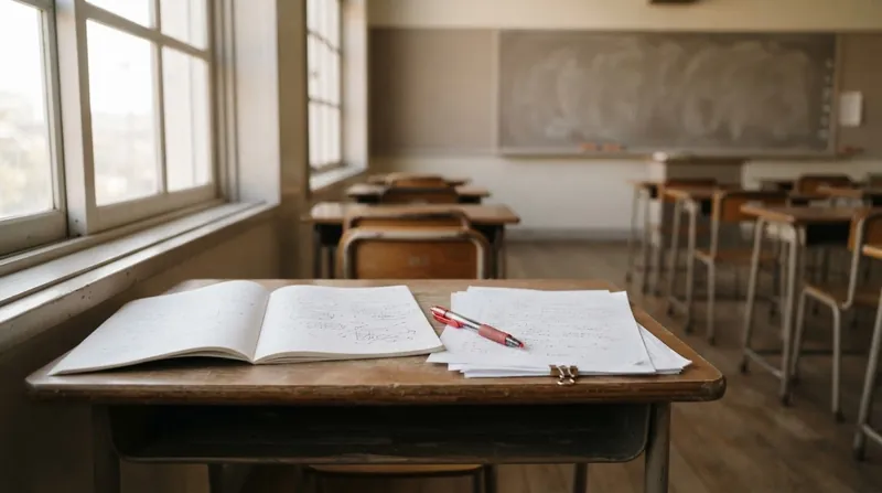 A teacher sits at a classroom desk, writing comments on a stack of student papers.