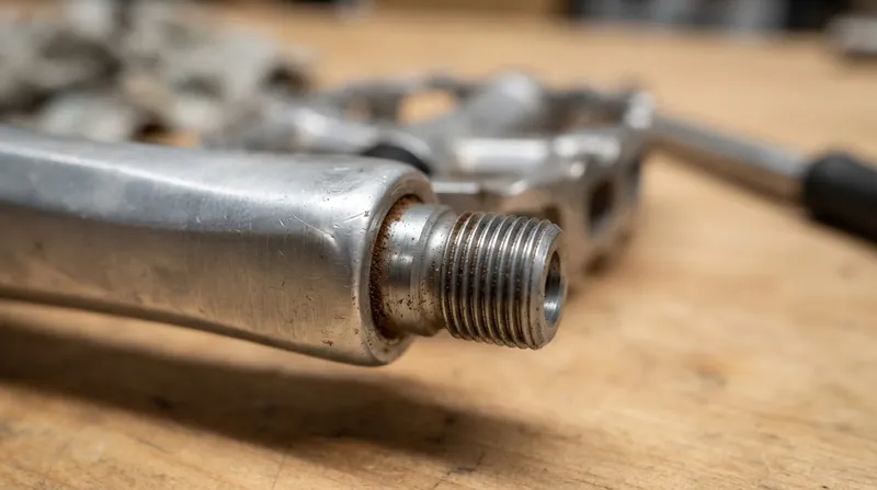 Illustration: Fretting rouge—red iron oxide powder—accumulates on pedal spindles as the metals rub microscopically under load.