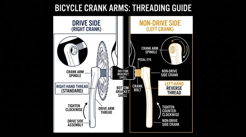 Bicycle cranks utilize asymmetrical threading to ensure that pedaling forces tighten both sides.