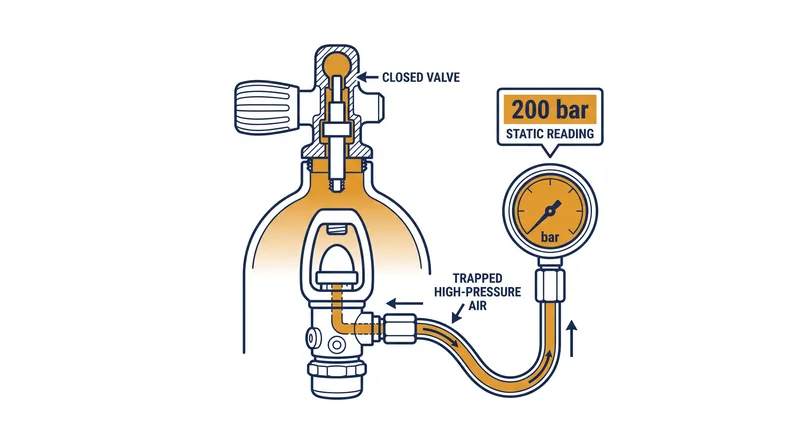 When a cylinder valve is closed, high-pressure gas remains trapped in the hoses, causing the gauge to falsely read a full tank.
