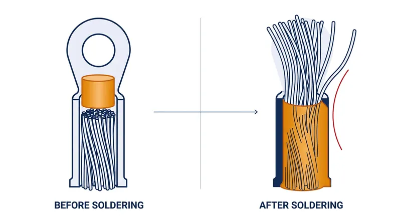 Molten solder travels up the wire strands via capillary action, creating a rigid zone that concentrates bending stress.