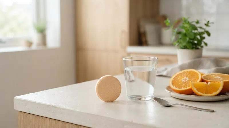 A bright orange vitamin C effervescent tablet dissolving rapidly in a clear glass of water.