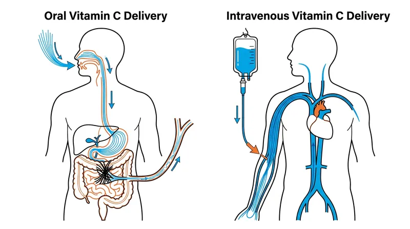 Intravenous delivery bypasses the gut's transport limits, allowing for temporarily massive plasma concentrations.