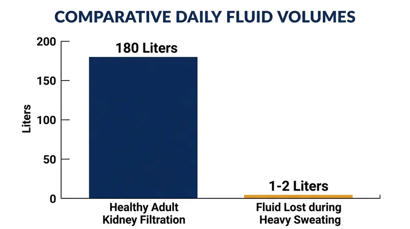 The kidneys filter approximately 180 liters of fluid every day, dwarfing the volume of fluid processed by the body's sweat glands.