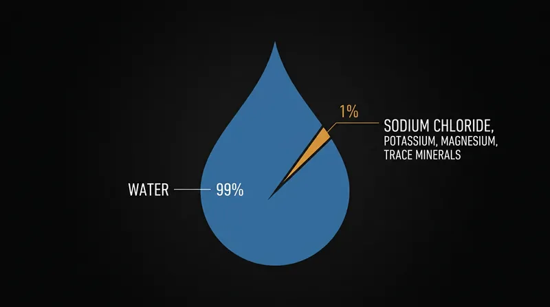 Eccrine sweat consists almost entirely of water and essential electrolytes, lacking the molecular concentration of metabolic waste.