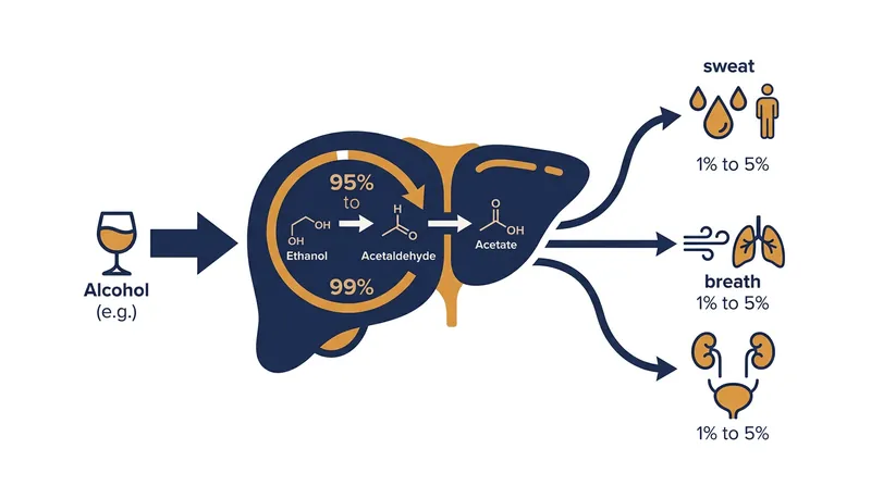 The liver metabolizes the vast majority of alcohol, leaving only a fraction of a percent to be excreted through sweat.