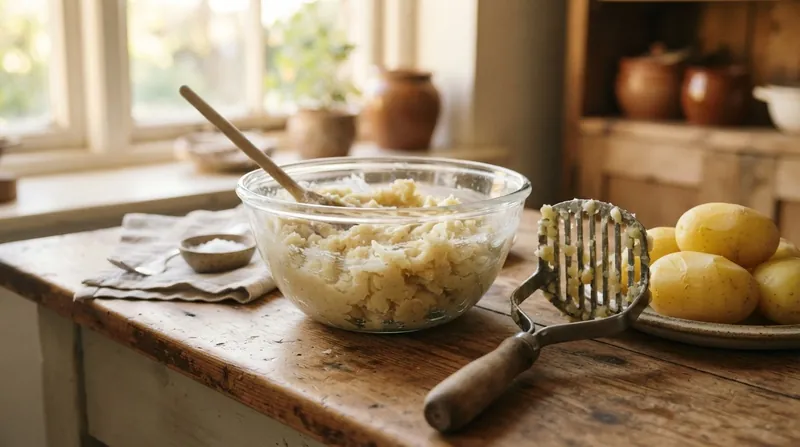 A close-up view of a food processor bowl filled with a thick, gummy paste of over-processed potatoes.