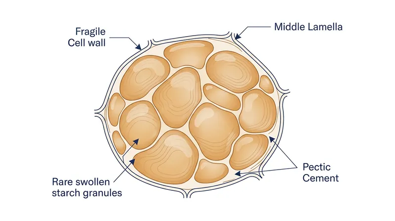 Cooked potato cells contain swollen starch granules held together by weakened pectic cement.