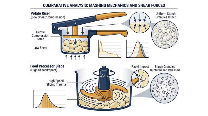 A potato ricer gently separates cells, while a food processor blade shears them open.