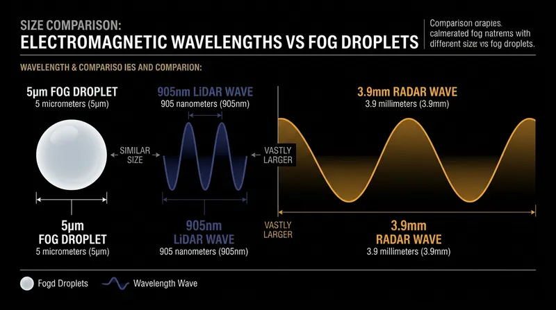 Because a 905-nanometer LiDAR pulse is roughly the same size as a fog droplet, it triggers Mie scattering and bounces away.