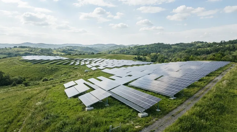 Aerial view of a modern solar farm built next to a lush coastal mangrove forest.