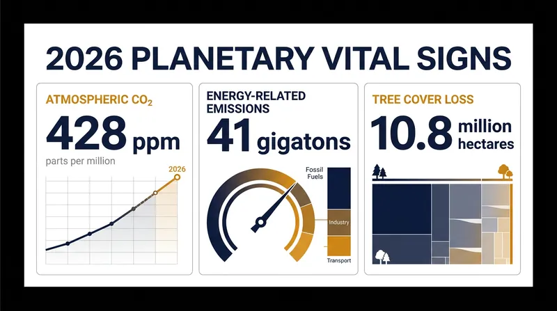 Key metrics from the 2026 assessment show greenhouse gases and fossil fuel consumption reaching all-time highs.