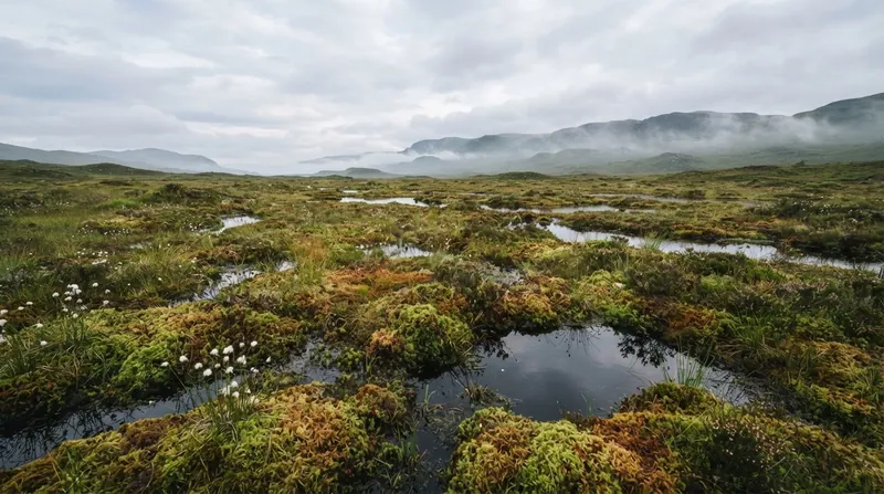 A wide view of a waterlogged peat bog covered in green and red mosses with small pools of water.