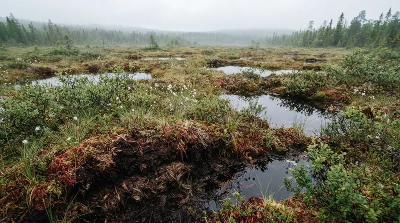 Illustration: Artificial drainage lowers the water table, exposing the ancient organic soils to oxygen and triggering massive carbon emissions.