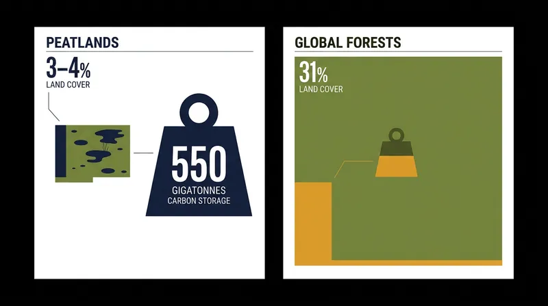 Peatlands store roughly twice the carbon of all global forests combined, despite occupying a fraction of the land area.