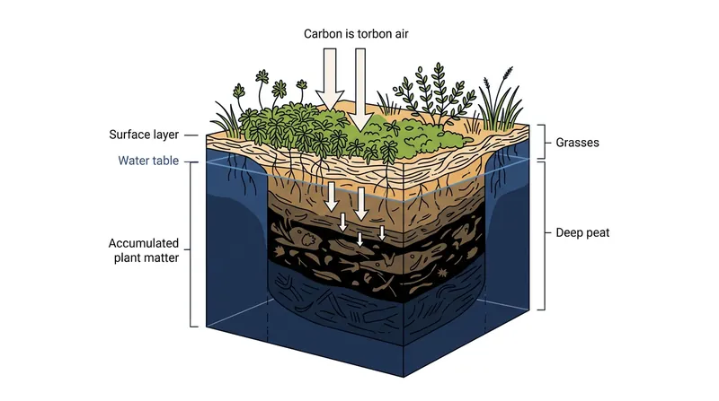 Permanent waterlogging creates an oxygen-starved environment that prevents aerobic bacteria from breaking down dead vegetation.