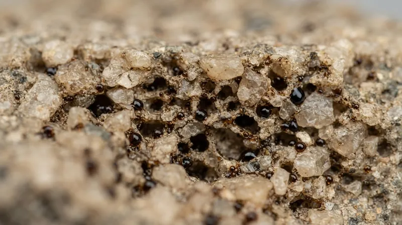 Microscopic view of oil and water interacting within the porous matrix of reservoir rock.
