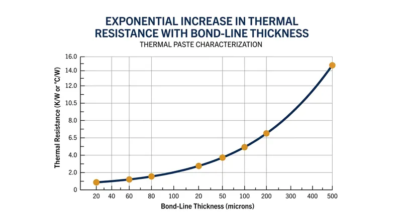 Thermal resistance increases exponentially when the bond-line thickness exceeds the ideal 20 to 60 micron range.