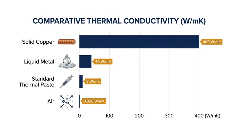 While thermal paste conducts heat far better than insulating air, it remains significantly less conductive than solid copper.